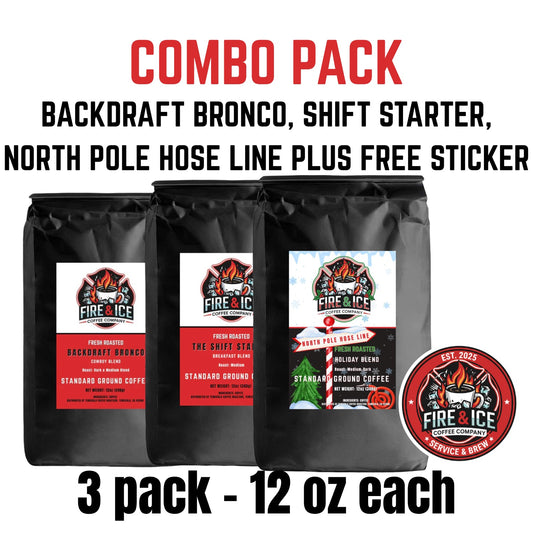 Combo 3-Pack  (12oz Backdraft Bronco, Shift Starter, & North Pole Hose Line, Sticker